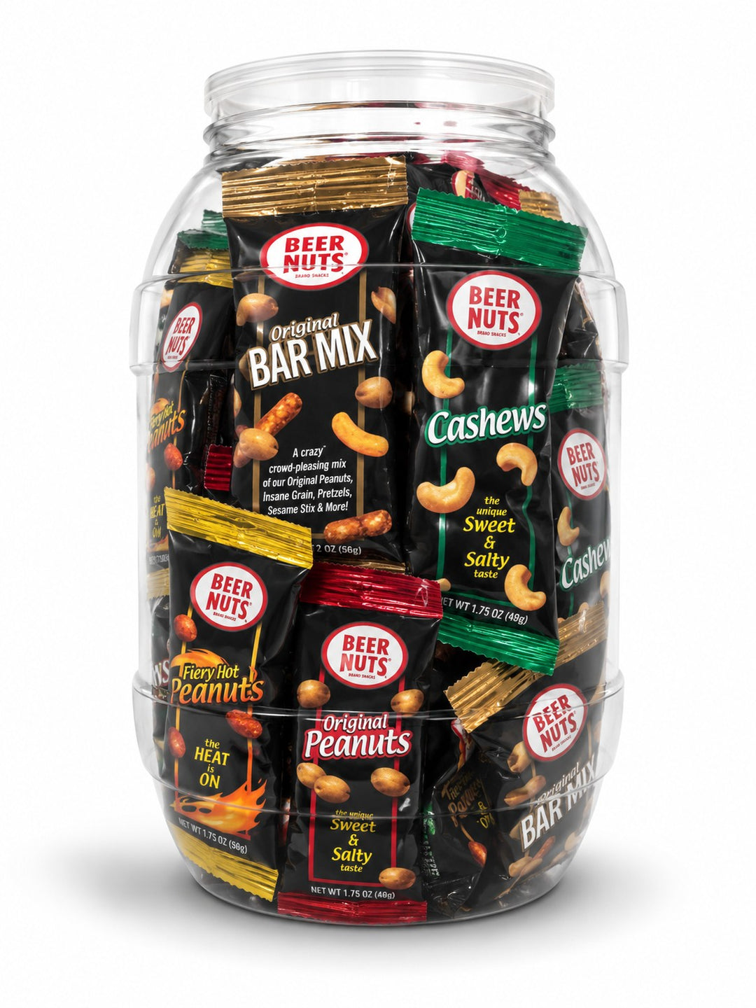 Variety Tube Keg - 5ct 1.75oz Original Peanut Tubes, 5ct 2oz Original Bar Mix Tubes, 5ct 1.75oz Cashew Tubes & 5ct 1.75 Fiery Hot Peanut Tubes